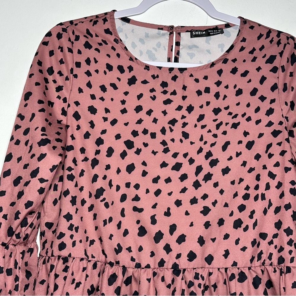 Pink Dalmatian Print Peplum Top Ruffle 3/4 Sleeve Keyhole Back XS US 2 - Picture 5 of 9
